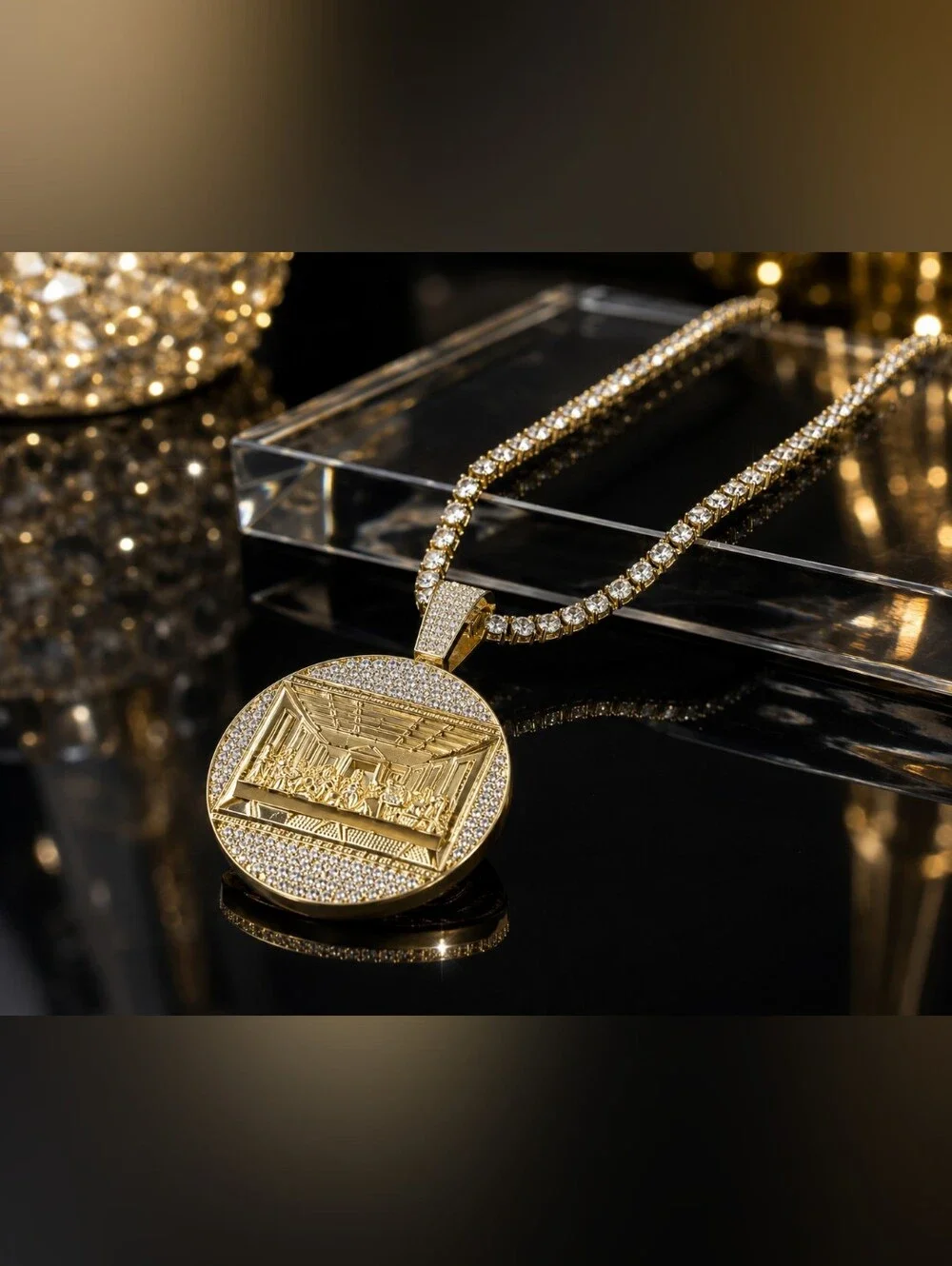 Gold Medallion Pendant Necklace for Men - Gold Tone. Stainless Steel.